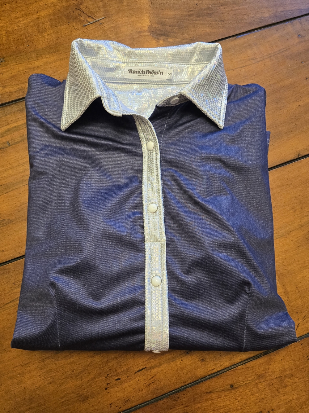Ranch Dress'n Women's Navy Button-Down Shirt with Metallic Trim